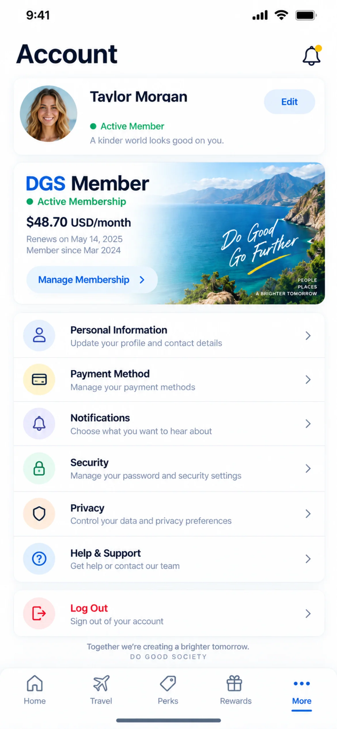 Member account. Membership status, billing, personal settings, security and support gathered into one account view.