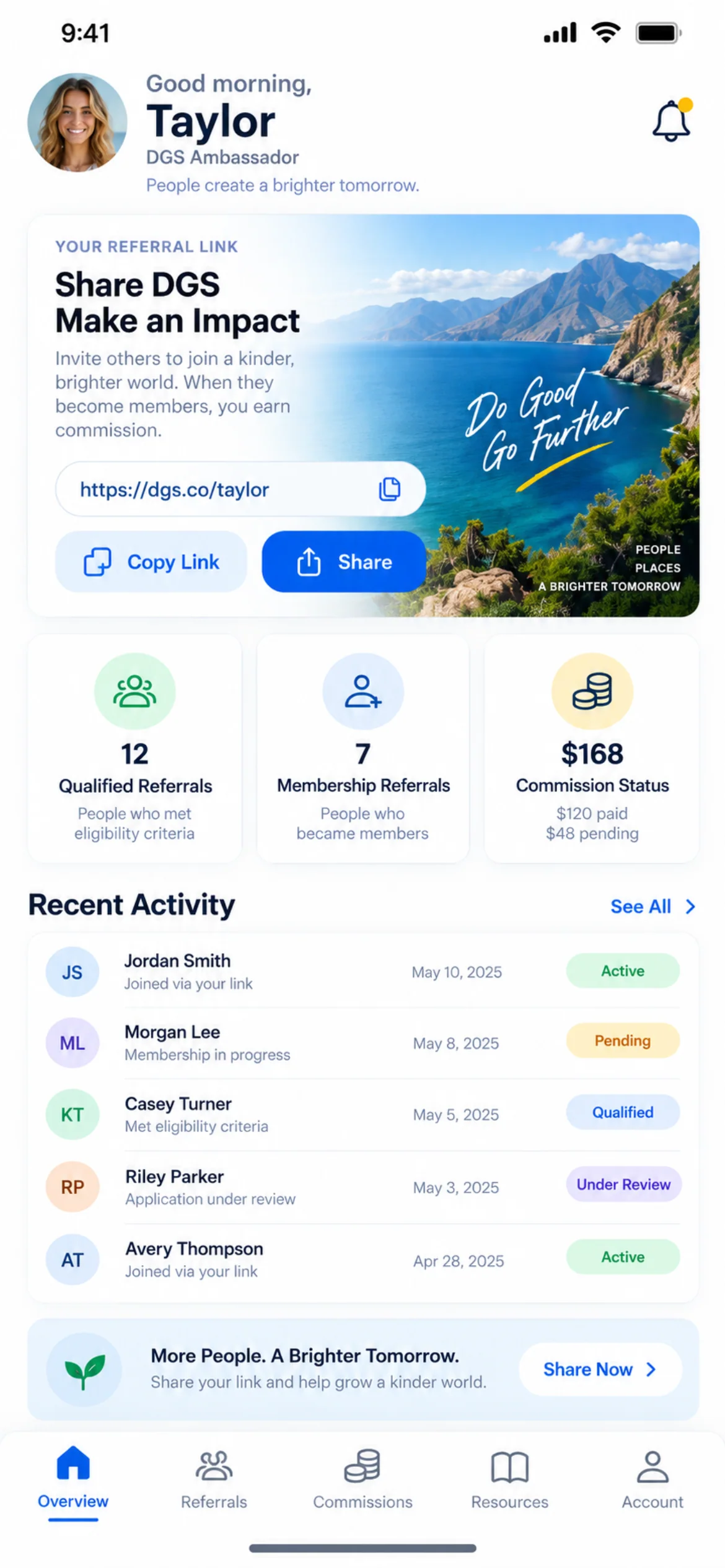Ambassador overview. A paid Ambassador view with a personal referral link and the status of each referral and commission.