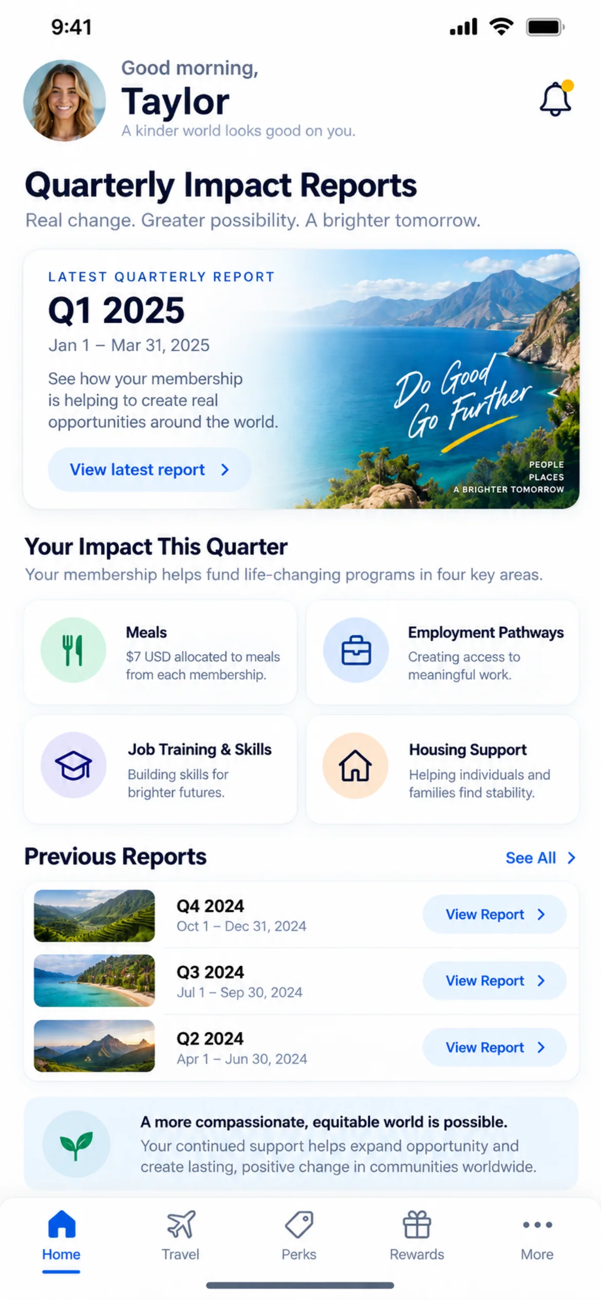 Quarterly impact reports. A concept for showing membership allocation and quarterly reporting across four impact areas.