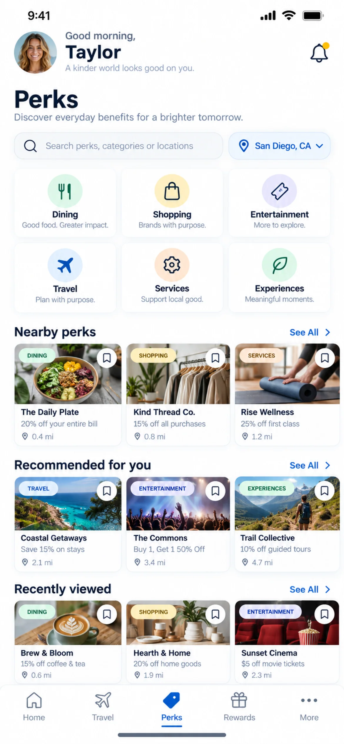Perks. A location-based view of everyday member perks, organized by category with nearby and recommended offers.