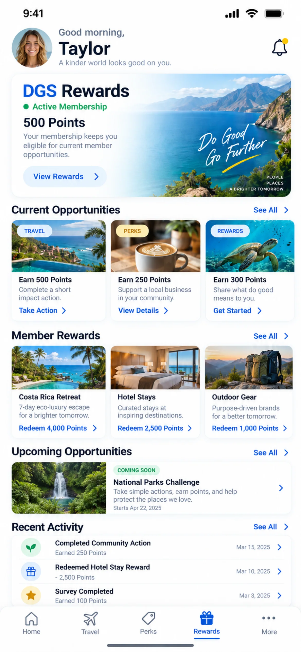 Rewards. A member-rewards concept showing a points balance, ways to earn and available reward opportunities.