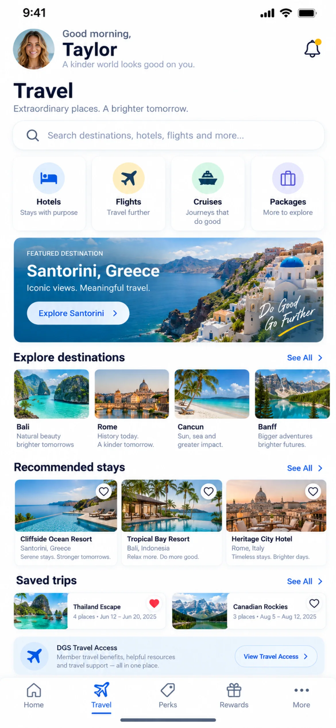 Travel. A travel-booking concept for hotels, flights, cruises and packages within the member experience.