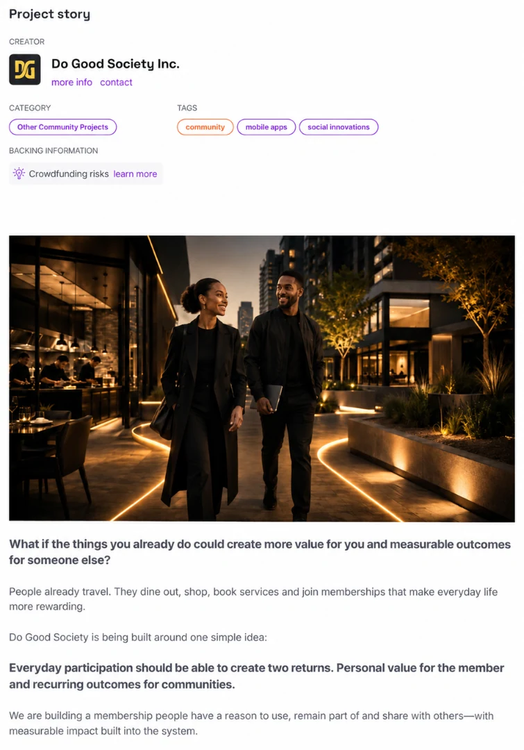The project story. The opening of the Indiegogo campaign, explaining the membership model, member value and built-in impact.
