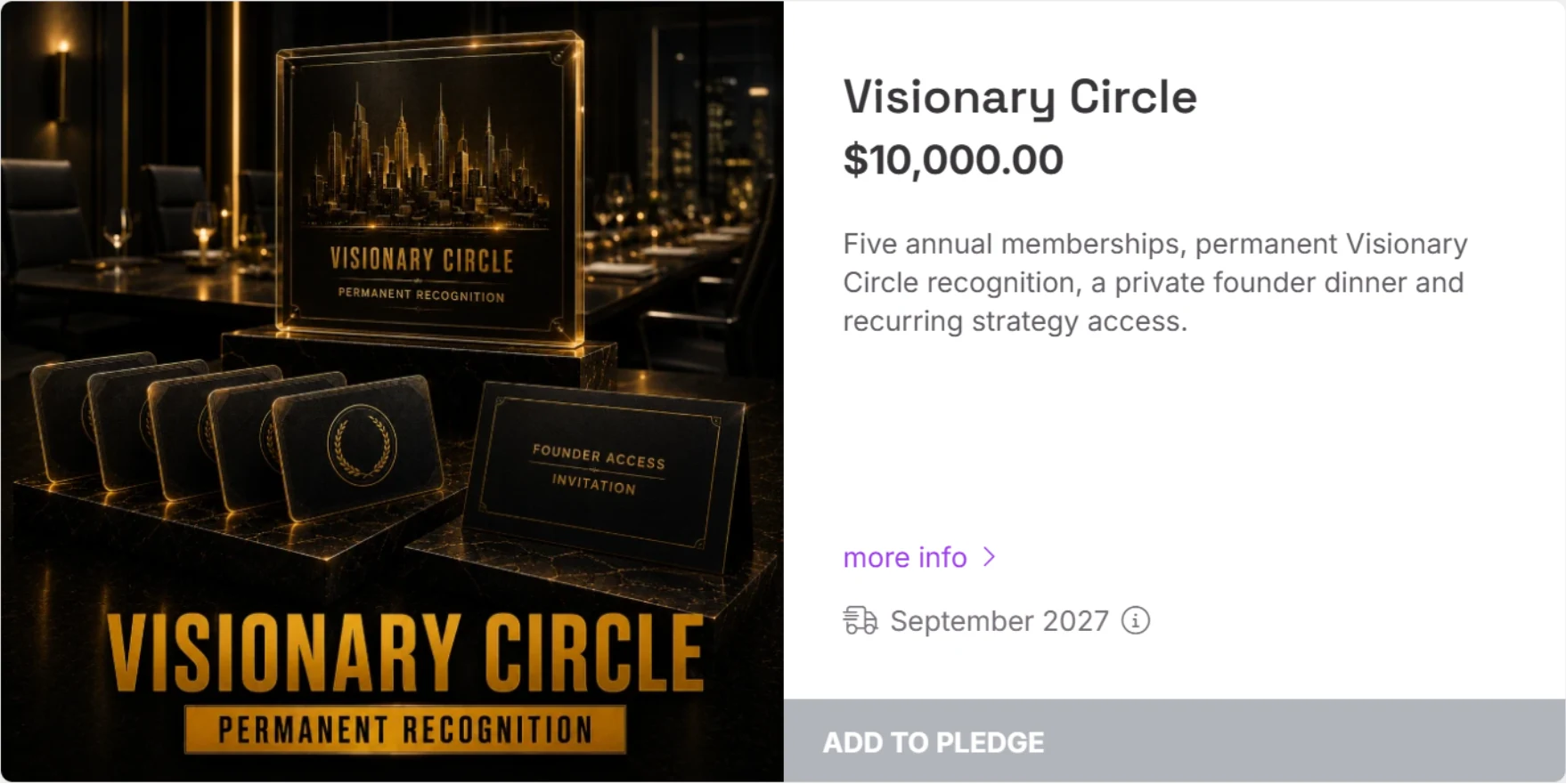 Visionary Circle, $10,000.00. A founding member offer: five annual memberships, permanent Visionary Circle recognition, a private founder dinner and recurring strategy access, delivering September 2027.