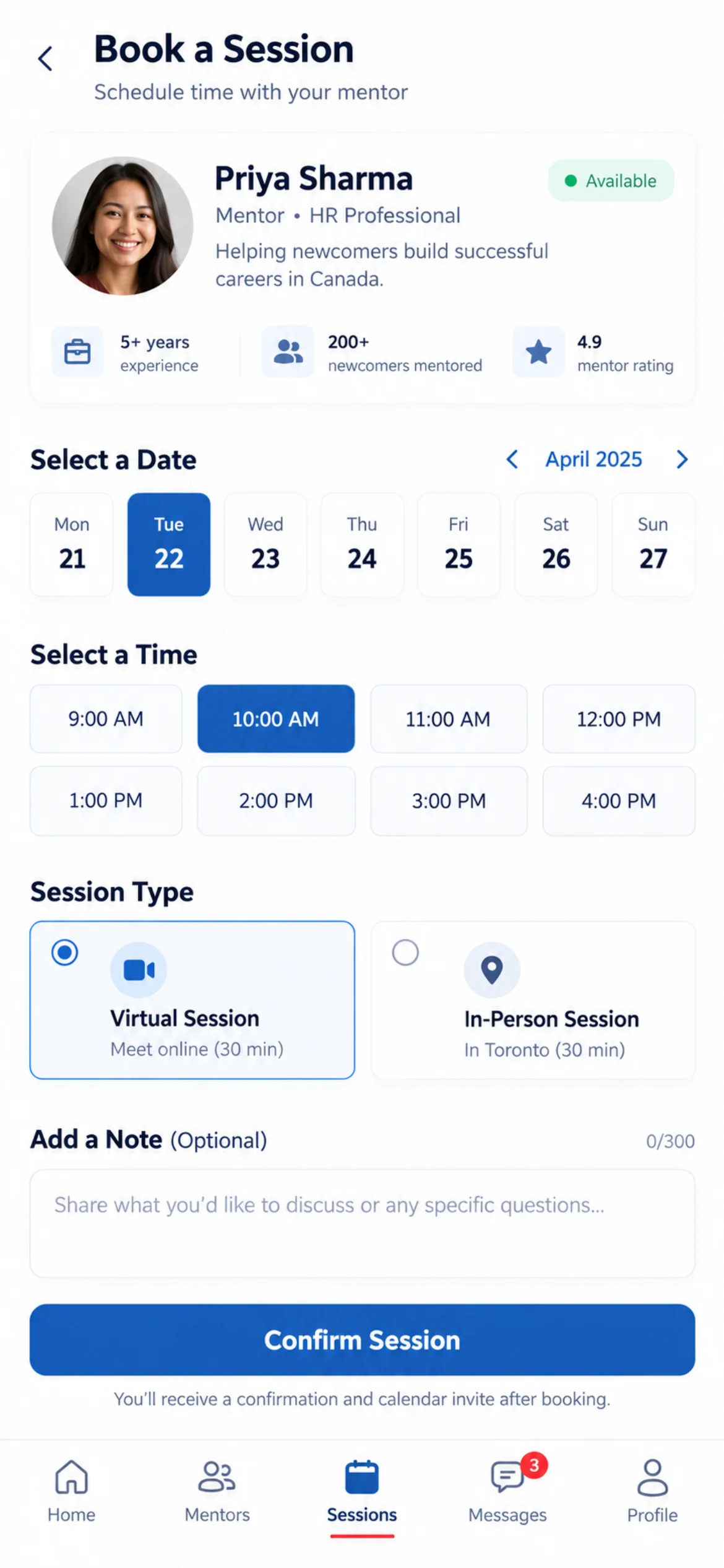 Booking. A booking flow for choosing the date, time and format of a mentoring session.