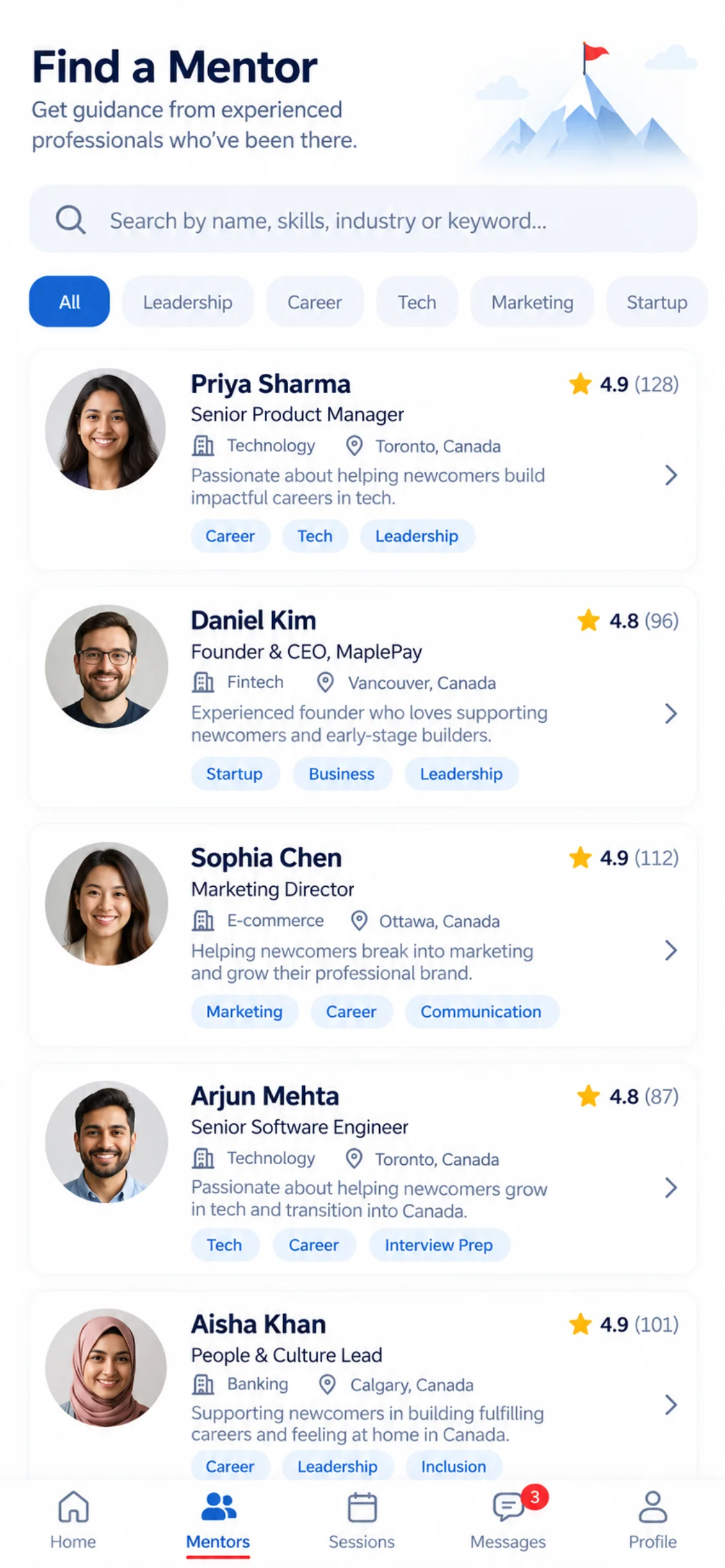 Mentor discovery. A mentor-discovery screen filtered by the participant's goals, with expertise, availability and location.