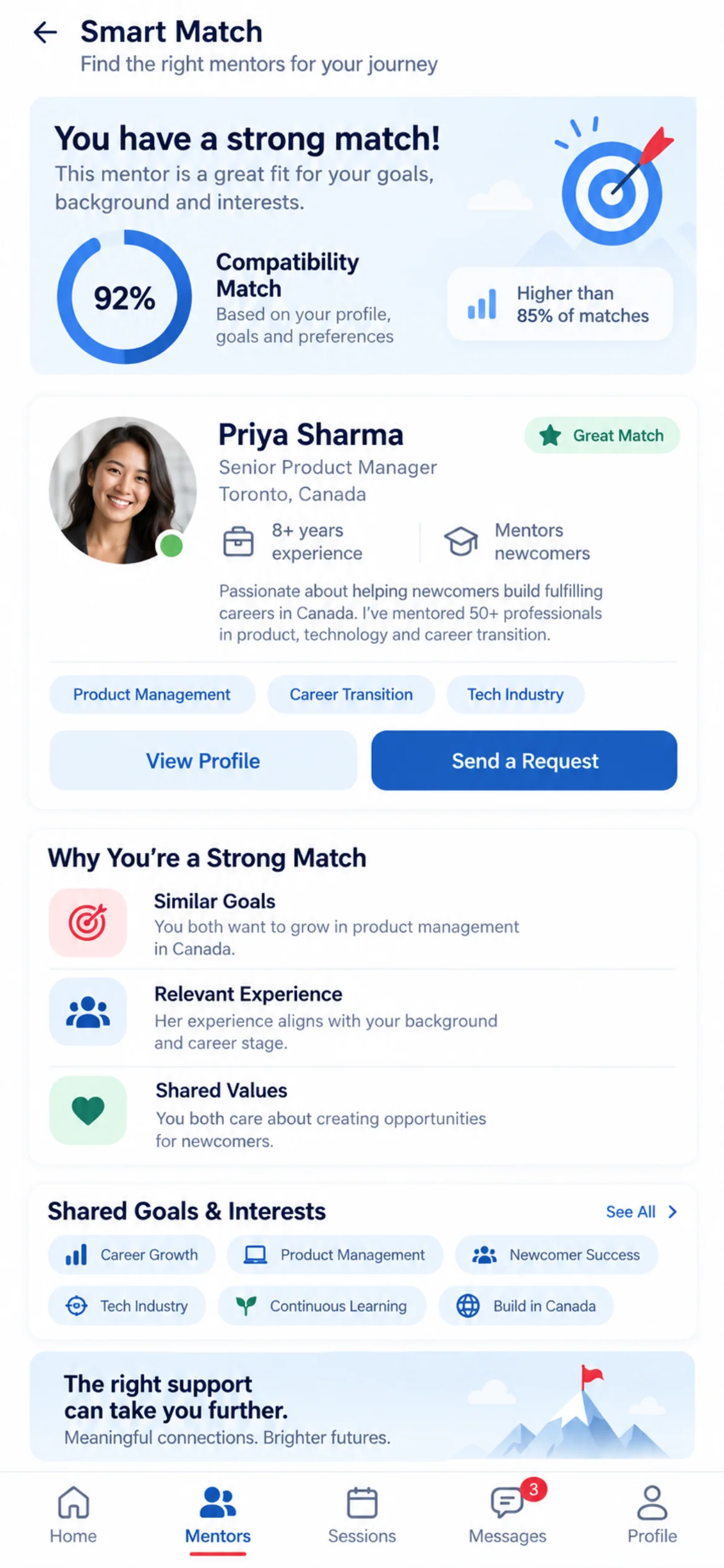 Smart match. A proposed mentor match with a compatibility score and the reasons behind the recommendation.
