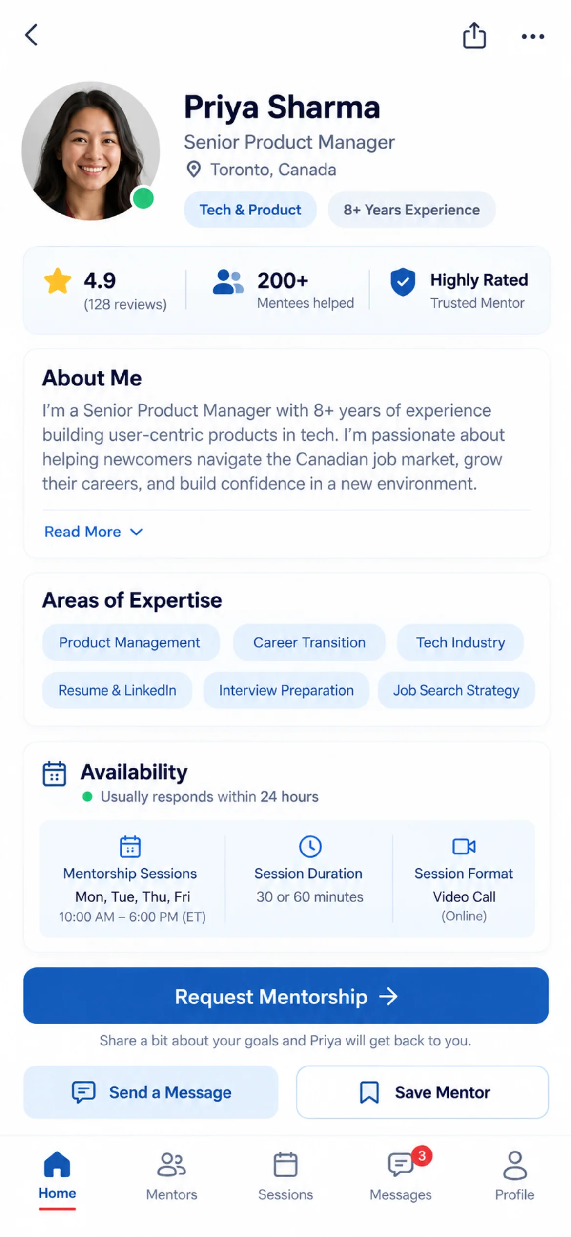 Mentor profile. A mentor profile showing background, expertise, availability and the information needed before booking.